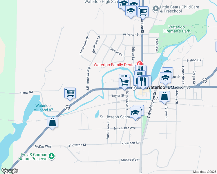 map of restaurants, bars, coffee shops, grocery stores, and more near 432 West Madison Street in Waterloo