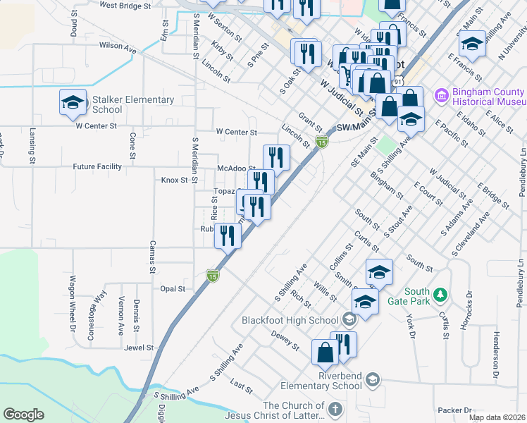 map of restaurants, bars, coffee shops, grocery stores, and more near 773 South Broadway Street in Blackfoot