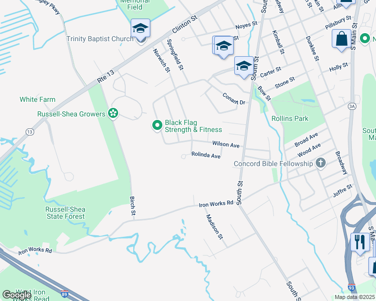 map of restaurants, bars, coffee shops, grocery stores, and more near 18 Rolinda Avenue in Concord