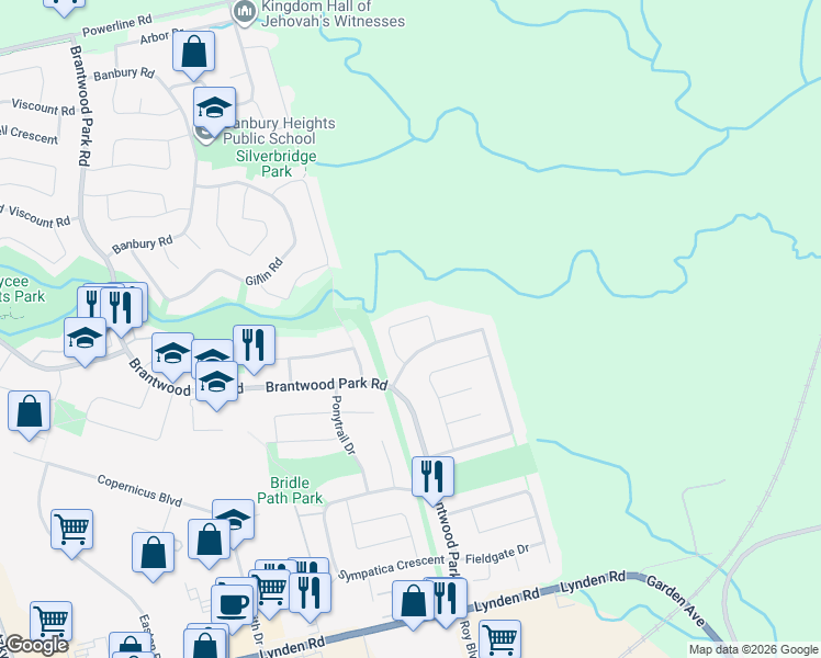 map of restaurants, bars, coffee shops, grocery stores, and more near 37 Riva Ridge in Brantford