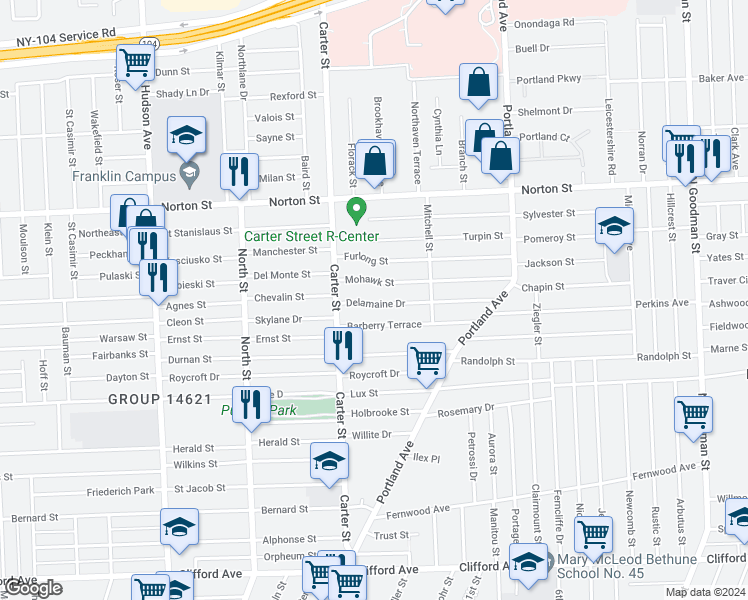 map of restaurants, bars, coffee shops, grocery stores, and more near 190 Delamaine Drive in Rochester