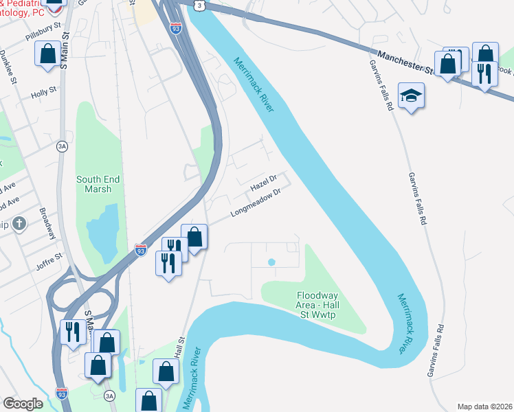 map of restaurants, bars, coffee shops, grocery stores, and more near 26 Longmeadow Drive in Concord