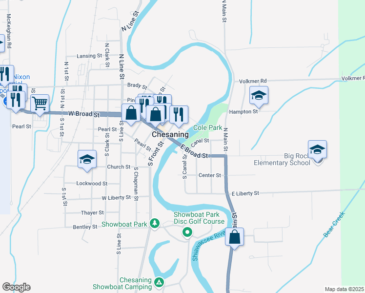 map of restaurants, bars, coffee shops, grocery stores, and more near 227 East Broad Street in Chesaning