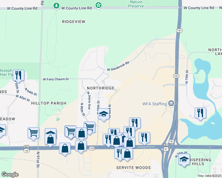 map of restaurants, bars, coffee shops, grocery stores, and more near 8341 West Northridge Court in Milwaukee