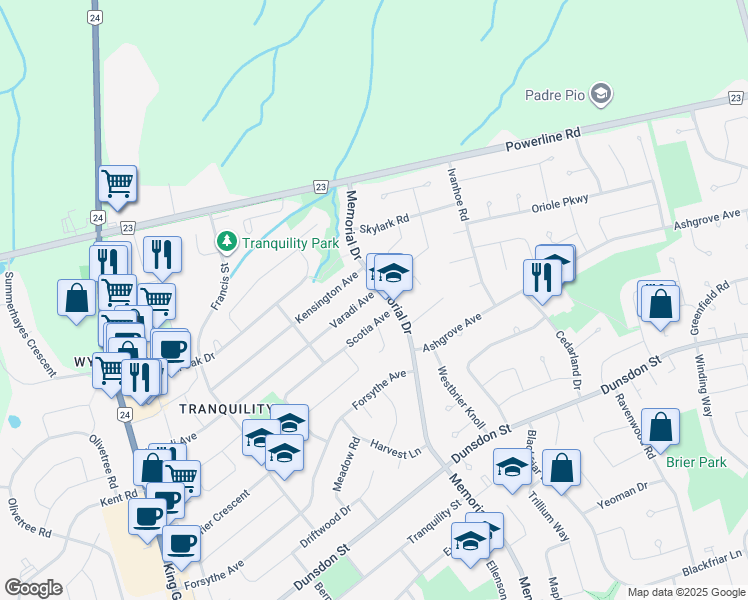 map of restaurants, bars, coffee shops, grocery stores, and more near 91 Varadi Avenue in Brantford