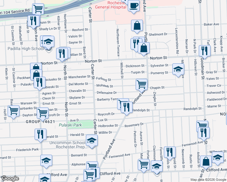 map of restaurants, bars, coffee shops, grocery stores, and more near 146 Delamaine Drive in Rochester