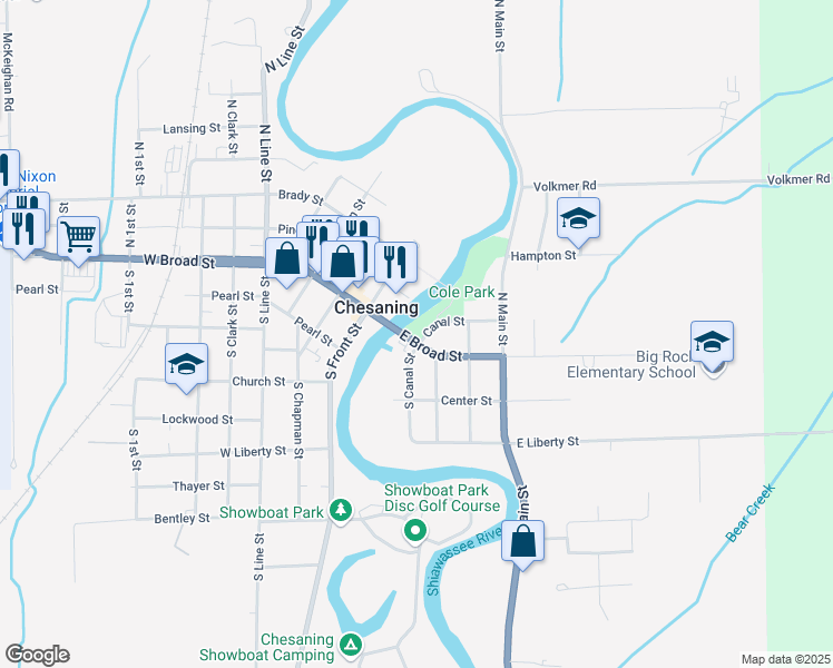 map of restaurants, bars, coffee shops, grocery stores, and more near 227 East Broad Street in Chesaning