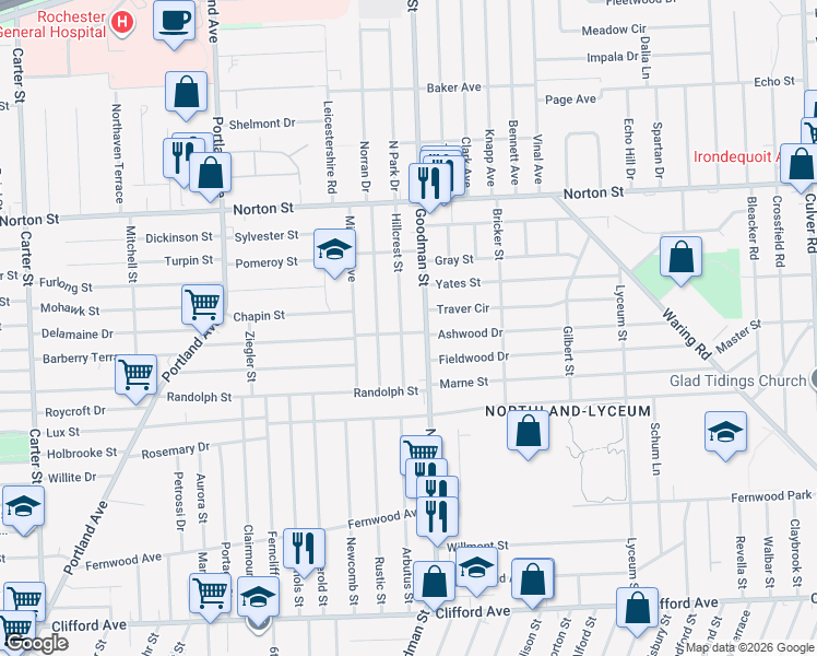 map of restaurants, bars, coffee shops, grocery stores, and more near 62 Hillcrest Street in Rochester