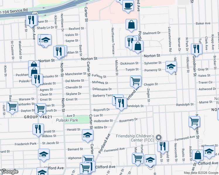 map of restaurants, bars, coffee shops, grocery stores, and more near 151 Delamaine Drive in Rochester