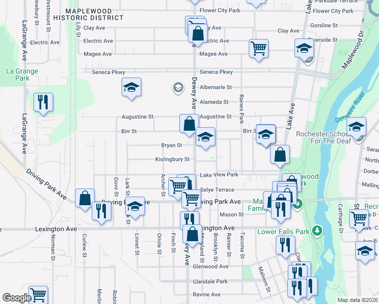 map of restaurants, bars, coffee shops, grocery stores, and more near 97 Kislingbury Street in Rochester