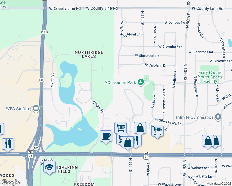 map of restaurants, bars, coffee shops, grocery stores, and more near 9093 North Park Plaza Court in Brown Deer