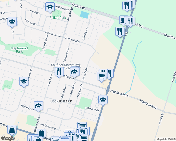 map of restaurants, bars, coffee shops, grocery stores, and more near 3 Talence Drive in Hamilton