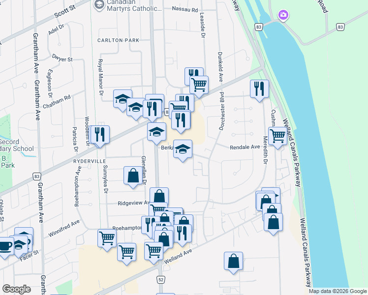 map of restaurants, bars, coffee shops, grocery stores, and more near 33 Berkley Drive in St. Catharines