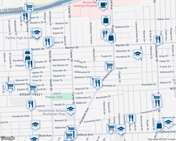 map of restaurants, bars, coffee shops, grocery stores, and more near 151 Delamaine Drive in Rochester