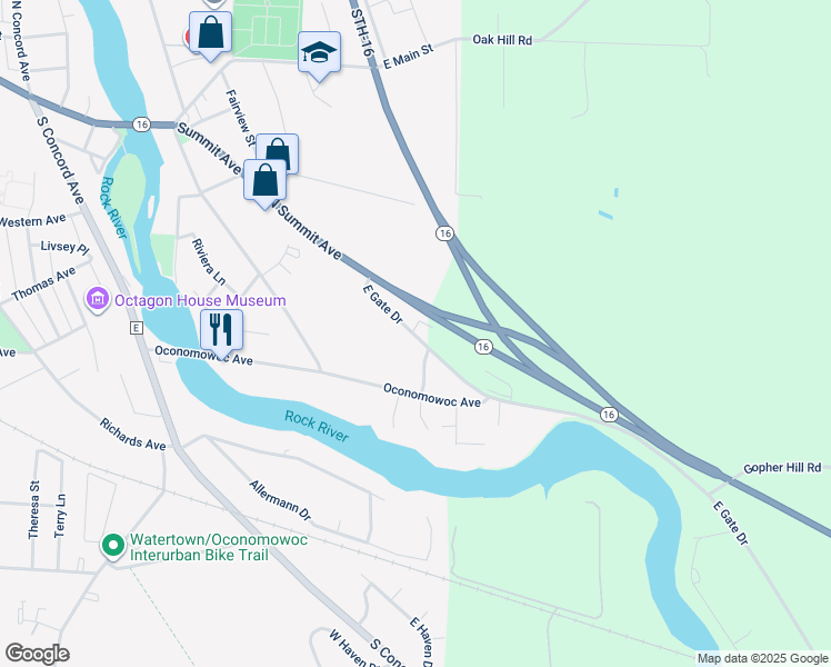 map of restaurants, bars, coffee shops, grocery stores, and more near 1566 East Gate Drive in Watertown