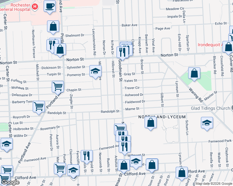 map of restaurants, bars, coffee shops, grocery stores, and more near 62 Hillcrest Street in Rochester
