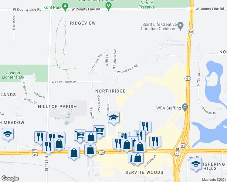 map of restaurants, bars, coffee shops, grocery stores, and more near 9136 North 85th Street in Milwaukee
