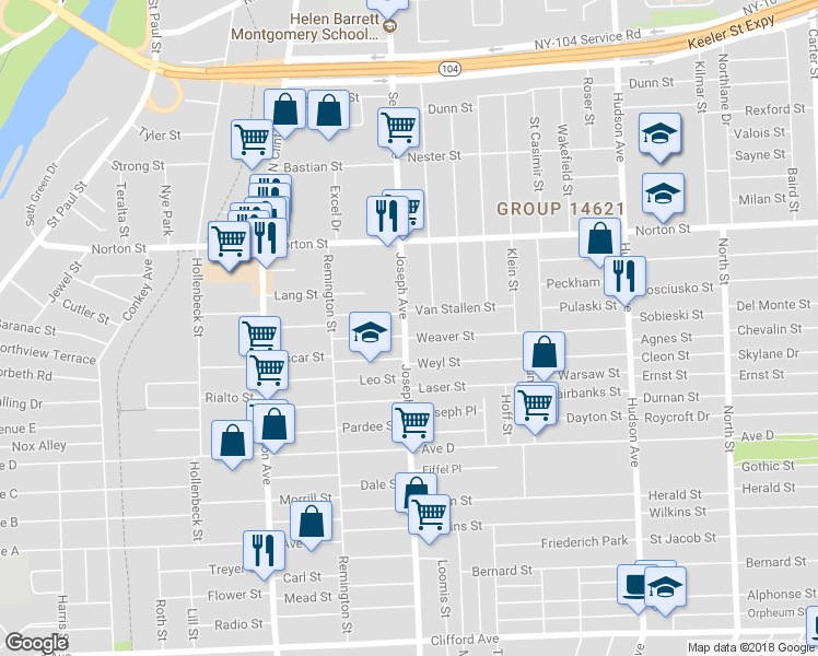 map of restaurants, bars, coffee shops, grocery stores, and more near 1032 Joseph Avenue in Rochester