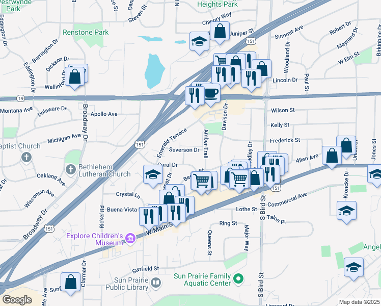 map of restaurants, bars, coffee shops, grocery stores, and more near 1125 Severson Drive in Sun Prairie