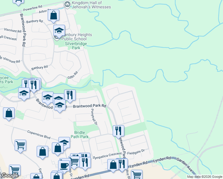 map of restaurants, bars, coffee shops, grocery stores, and more near 37 Riva Ridge in Brantford