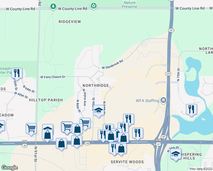 map of restaurants, bars, coffee shops, grocery stores, and more near 8335 West Northridge Court in Milwaukee