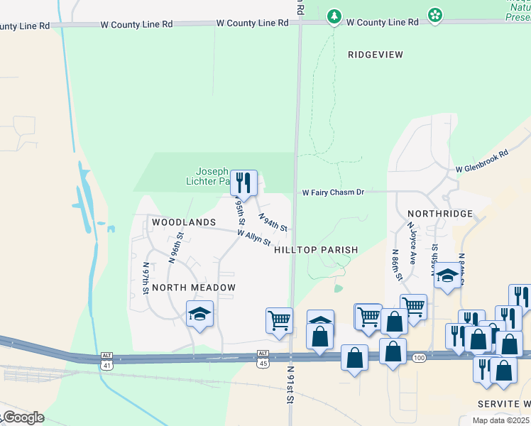 map of restaurants, bars, coffee shops, grocery stores, and more near 9227-9229 West Joleno Lane in Milwaukee