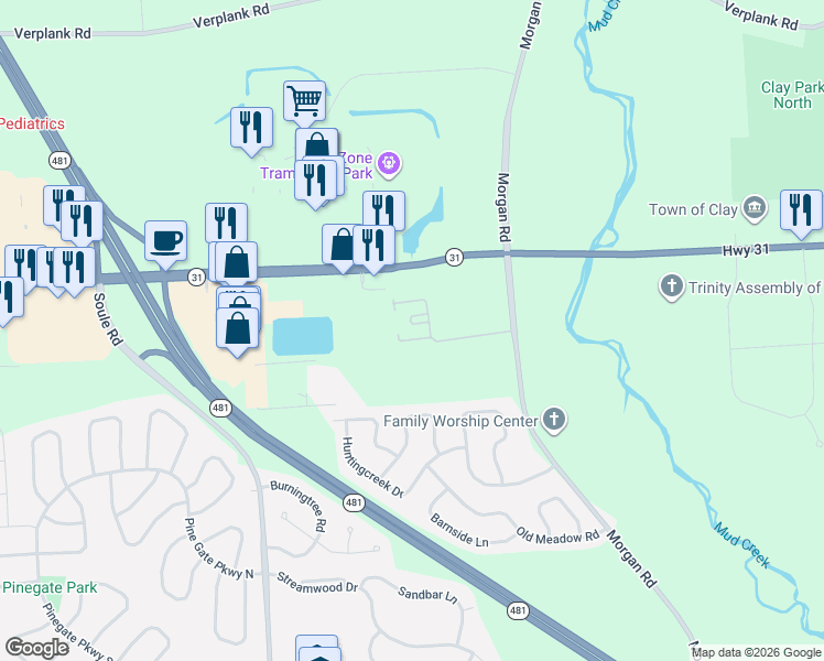 map of restaurants, bars, coffee shops, grocery stores, and more near 8547 Morgan Road in Clay