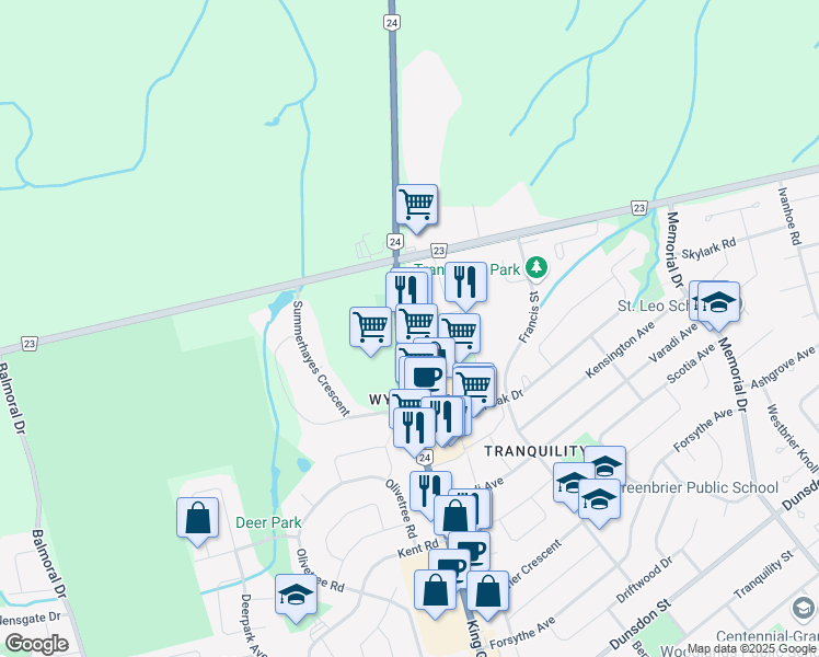 map of restaurants, bars, coffee shops, grocery stores, and more near 300 King George Road in Brantford
