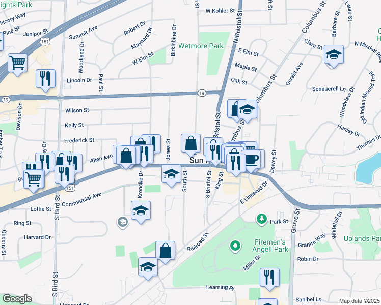 map of restaurants, bars, coffee shops, grocery stores, and more near 210 West Main Street in Sun Prairie