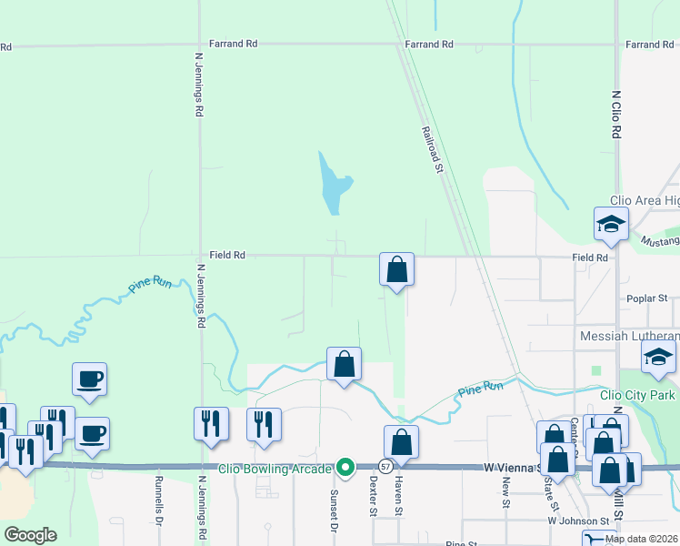 map of restaurants, bars, coffee shops, grocery stores, and more near 3337 Field Road in Clio