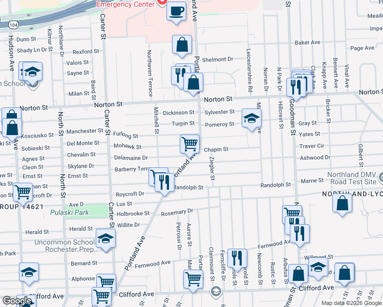 map of restaurants, bars, coffee shops, grocery stores, and more near 18 Grafton Street in Rochester