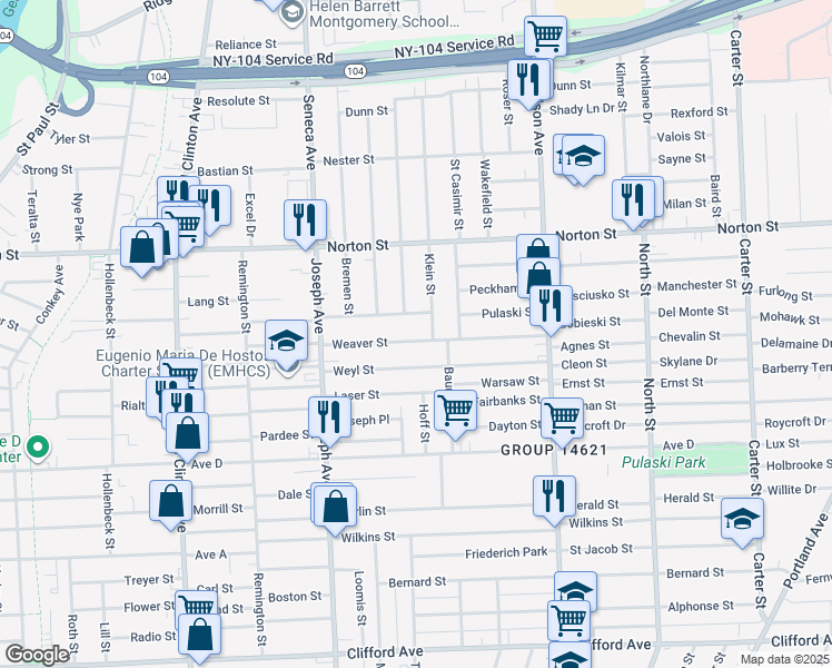 map of restaurants, bars, coffee shops, grocery stores, and more near 140 Weyl Street in Rochester