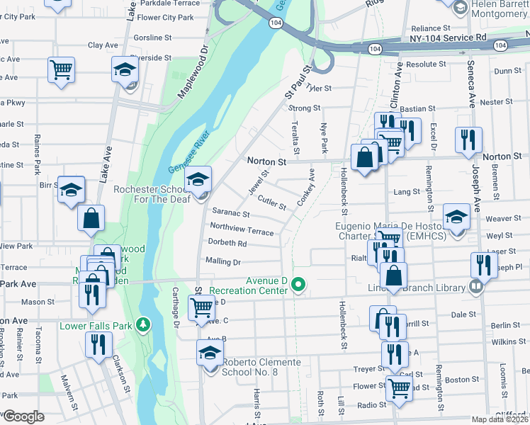 map of restaurants, bars, coffee shops, grocery stores, and more near 151 Saranac Street in Rochester