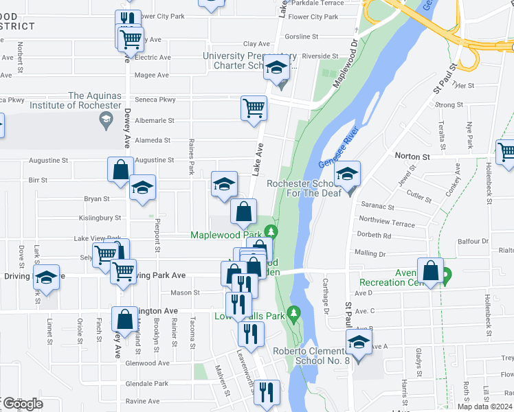 map of restaurants, bars, coffee shops, grocery stores, and more near 1006 Lake Avenue in Rochester