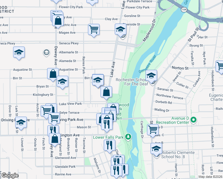 map of restaurants, bars, coffee shops, grocery stores, and more near 1006 Lake Avenue in Rochester