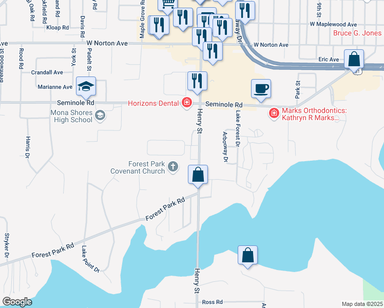 map of restaurants, bars, coffee shops, grocery stores, and more near 3798 Henry Street in Norton Shores