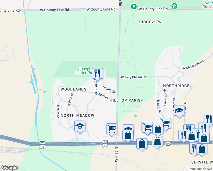 map of restaurants, bars, coffee shops, grocery stores, and more near 9227-9229 West Joleno Lane in Milwaukee