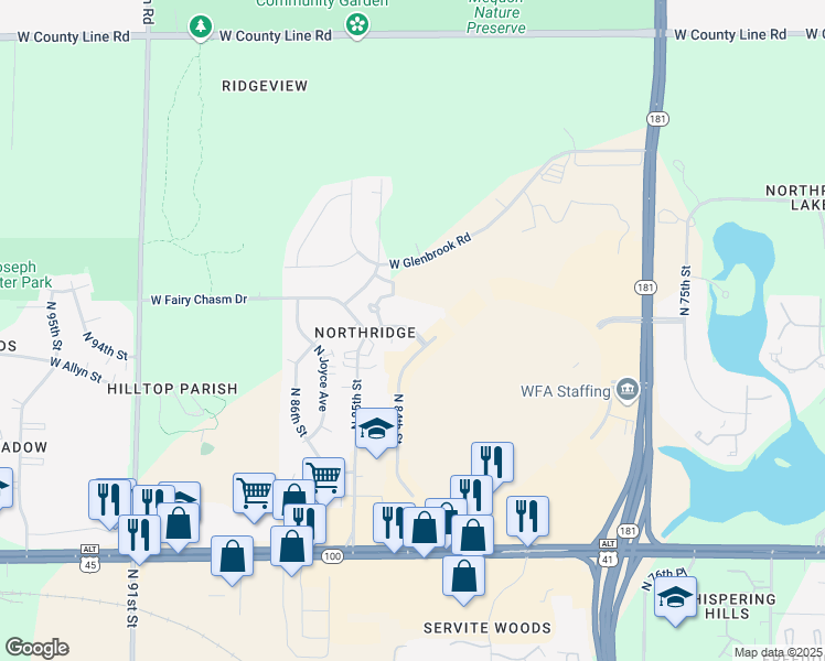 map of restaurants, bars, coffee shops, grocery stores, and more near 8329 West Northridge Court in Milwaukee