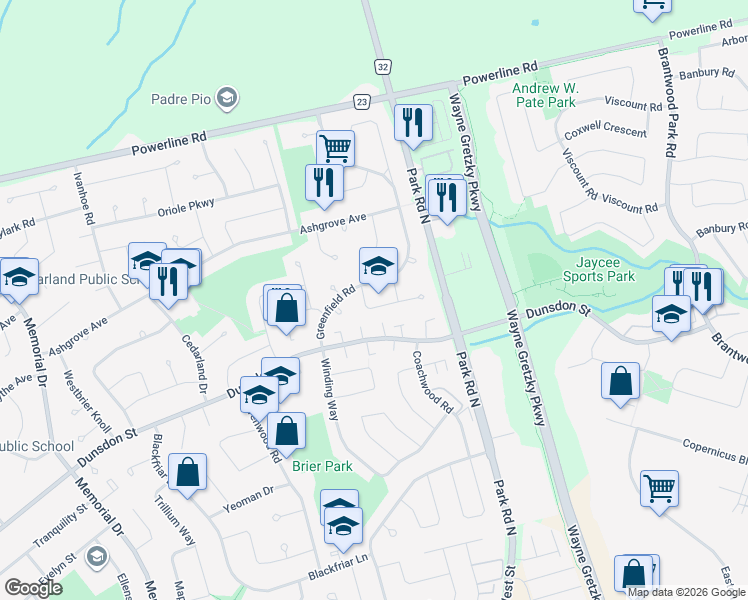 map of restaurants, bars, coffee shops, grocery stores, and more near 10 Southglen Road in Brantford
