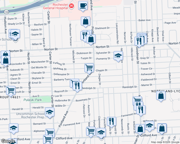 map of restaurants, bars, coffee shops, grocery stores, and more near 18 Grafton Street in Rochester