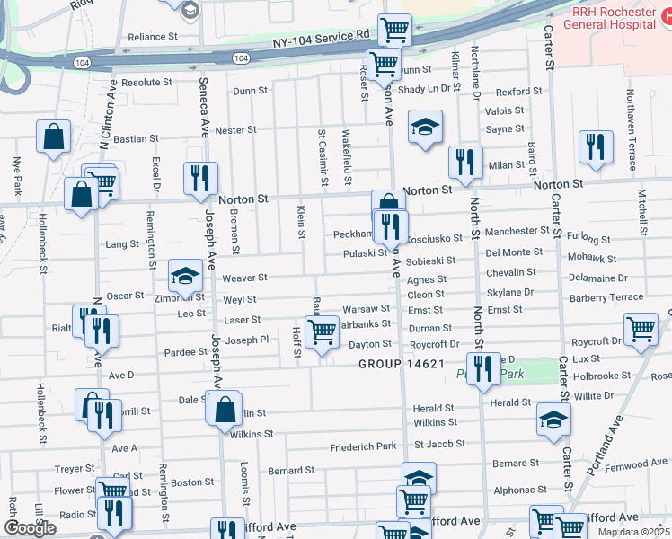 map of restaurants, bars, coffee shops, grocery stores, and more near 298 Weaver Street in Rochester