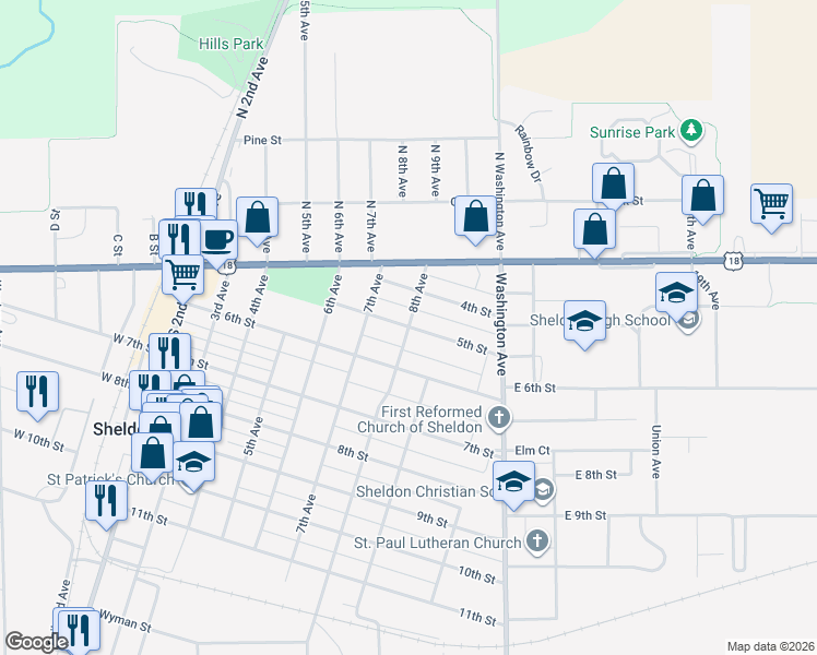 map of restaurants, bars, coffee shops, grocery stores, and more near 501 8th Avenue in Sheldon