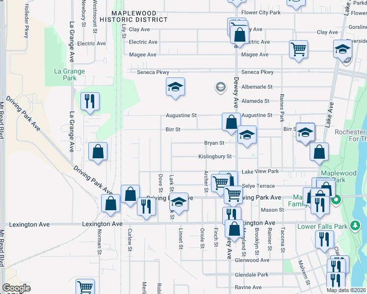 map of restaurants, bars, coffee shops, grocery stores, and more near 215 Kislingbury Street in Rochester