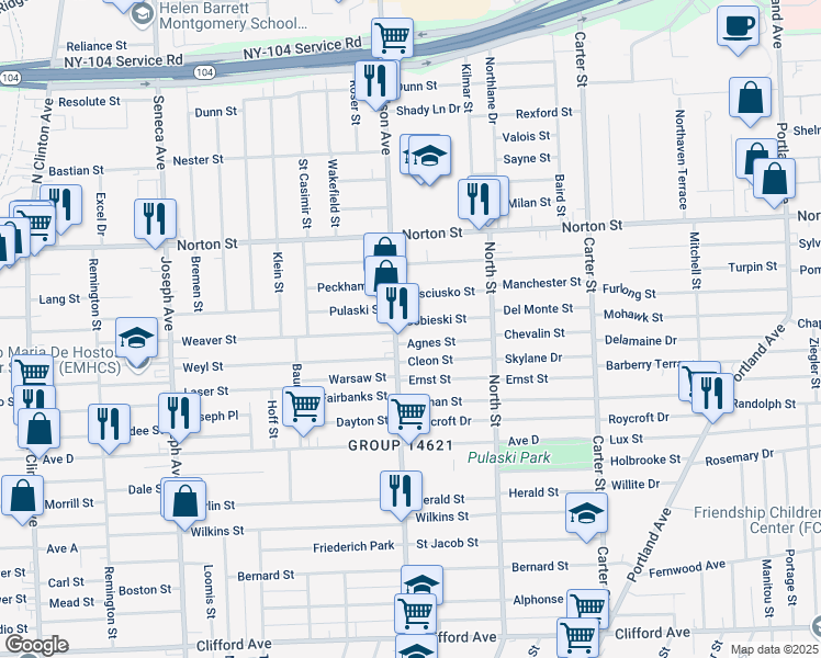 map of restaurants, bars, coffee shops, grocery stores, and more near 995 Hudson Avenue in Rochester