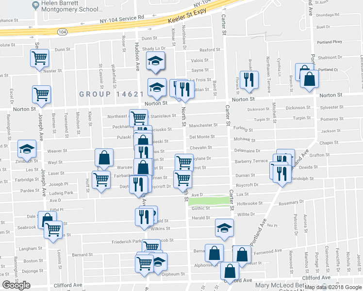 map of restaurants, bars, coffee shops, grocery stores, and more near 1333 North Street in Rochester