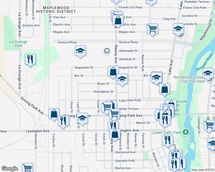 map of restaurants, bars, coffee shops, grocery stores, and more near 107 Bryan Street in Rochester