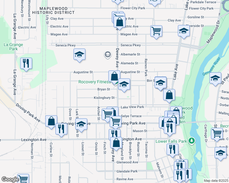 map of restaurants, bars, coffee shops, grocery stores, and more near 97 Kislingbury Street in Rochester