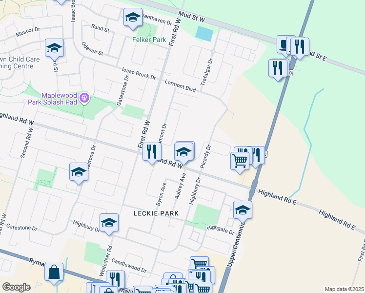 map of restaurants, bars, coffee shops, grocery stores, and more near 108 Highland Road West in Hamilton