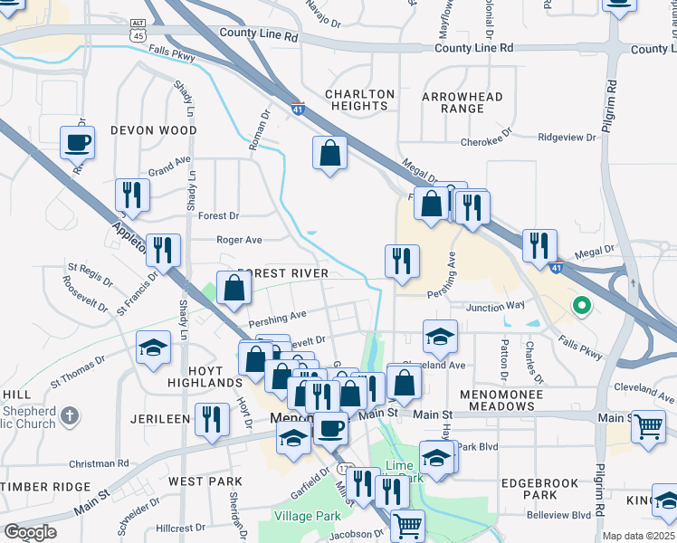 map of restaurants, bars, coffee shops, grocery stores, and more near W166N9170 Grand Avenue in Menomonee Falls