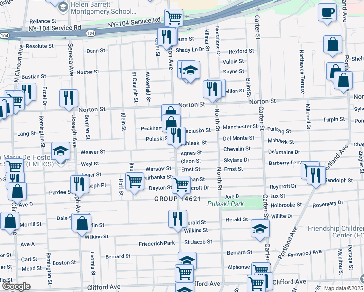map of restaurants, bars, coffee shops, grocery stores, and more near 995 Hudson Avenue in Rochester